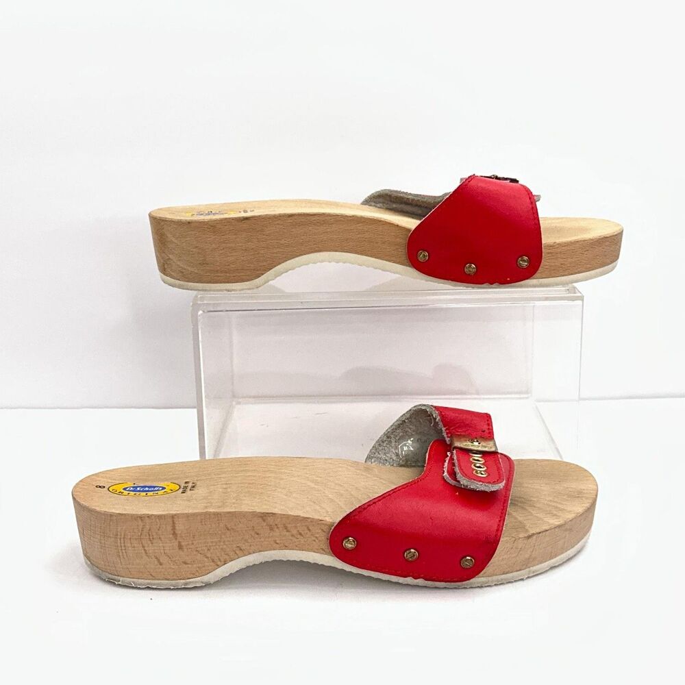 Vtg Dr. Scholl's Original Sandals Womens 8 Red Slide Wood Exercise Shoes Italy - Picture 2 of 11